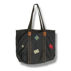 Vintage Y2K Shane Handbag Denim Tote Bucket Patchwork Patches Grey Over Shoulder